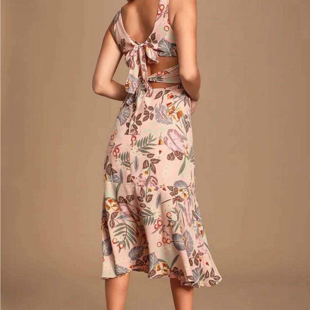 Lulus Island Sun Blush Pink Tropical Print Tie-back Midi Dress - Size M - Picture 3 of 6